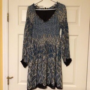 Long Sleeve Elasticized Bodice V-Neck Blue Black Beige Feather Print Dress